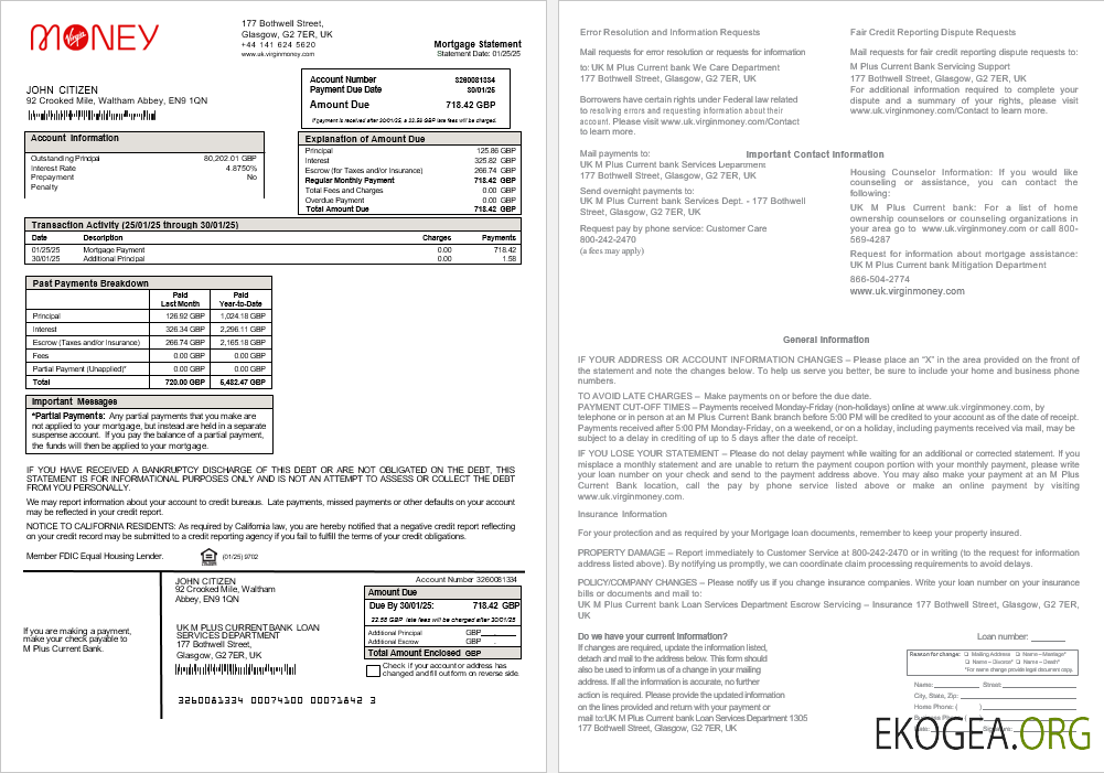 Royaume , Uni M Plus Relevé d'hypothèque bancaire actuel aux formats Word et PDF